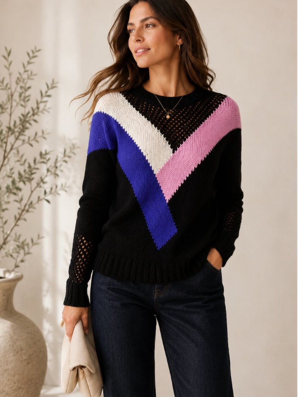 Maje Marylene Colorblock Open Knit Sweater Black Pink Blue Parisian Pullover